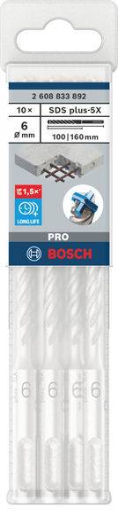'Bosch SDS plus-5X', 10 Bohrer, 6 mm Durchmesser, 100/160 mm Länge. Verpackung zeigt Bohrerdesign für präzises Bohren in Beton.