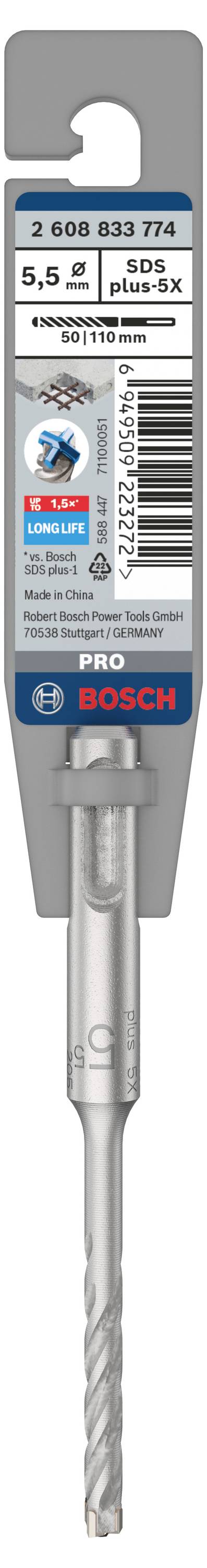 Verpackung eines Bohrers der Marke Bosch, 5,5 mm Durchmesser, Länge 165 mm, passend für SDS plus. Enthält Barcodes und Produktinformationen.