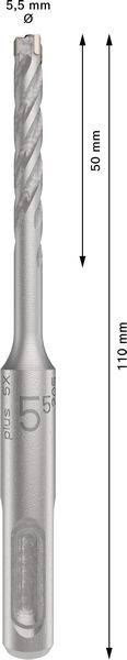 Bohrer mit 5,5 mm Durchmesser und 110 mm Länge. Pfeile zeigen Längenmaße von 50 mm und 110 mm an.