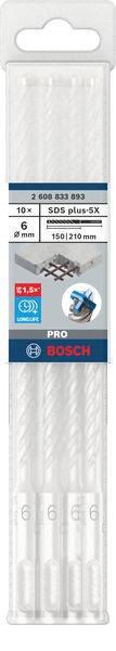 Verpackung mit zehn Bosch SDS plus-5X Bohrern, Durchmesser 6 mm, Länge 150/210 mm, optimiert für Beton und Mauerwerk.