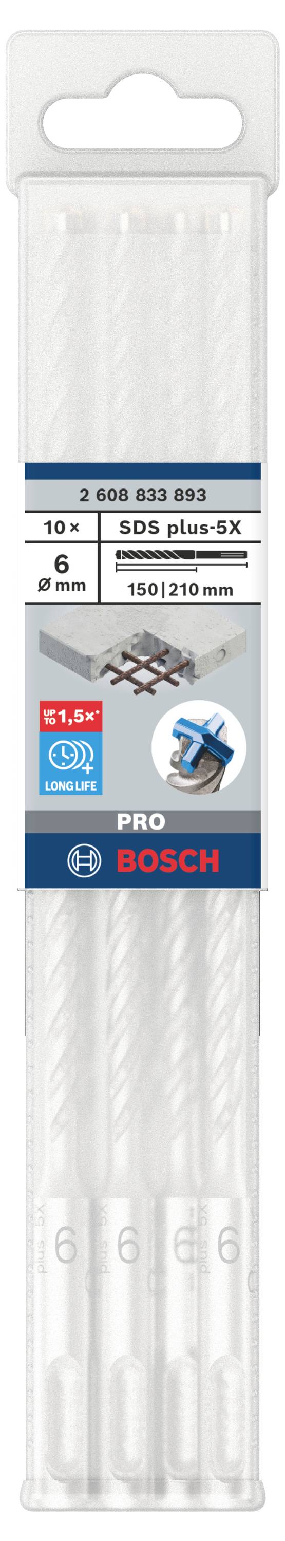 Verpackung mit fünf weißen SDS Plus GX Bohrern, Bosch Marke. Größe: 10x150/210 mm. Geeignet für Betonbohrungen.