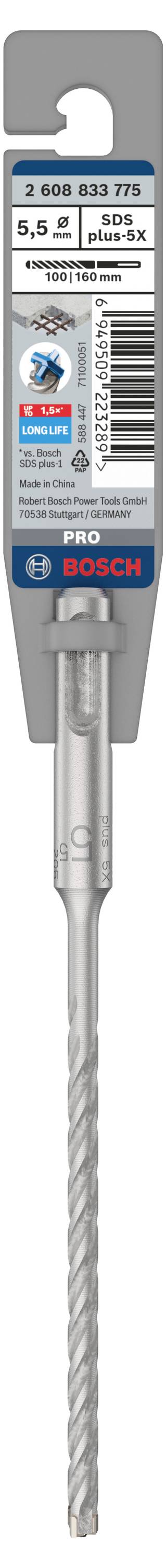 SDS plus-5 Bohrer von Bosch, Packung zeigt 5x50x110 mm Maßangaben, Herstellerinformationen und QR-Code.