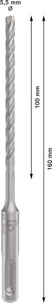 SDS-Bohrer mit 5,5 mm Durchmesser. Gesamtlänge 160 mm, Arbeitslänge 100 mm. Verwendbar für Beton, Stein und Mauerwerk.