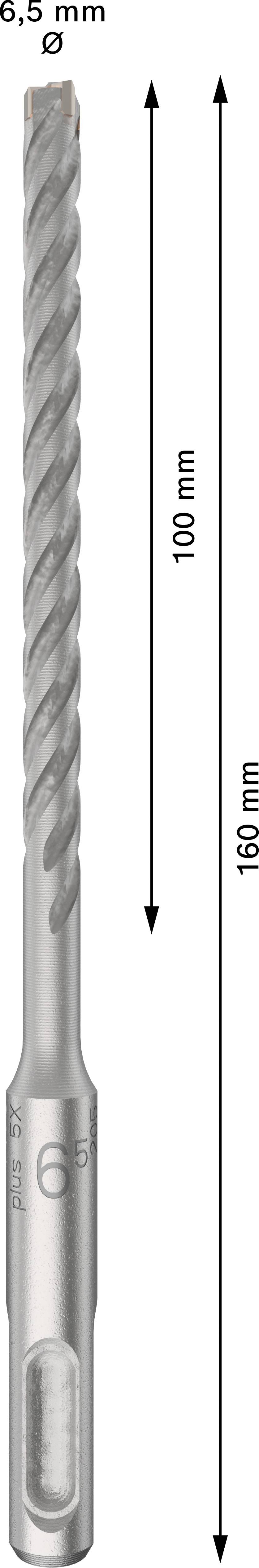 SDS-plus Bohrer, Ø 6,5 mm, Gesamtlänge 160 mm, Arbeitslänge 100 mm, 2-Schneider mit Spiralrillen für effizientes Bohren.