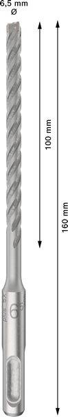 SDS-plus-Bohrer, 6,5 mm Durchmesser, Gesamtlänge 160 mm, Arbeitslänge 100 mm. Geeignet für Beton und Mauerwerk.