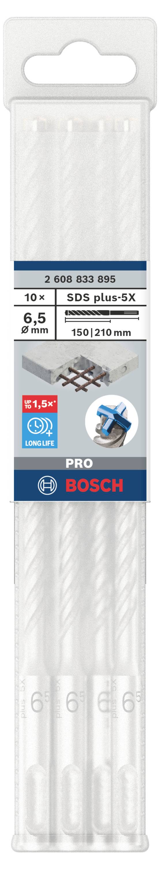 Bohrer-Set von Bosch SDS Plus 5 GX, 10 Stück, 6,5 mm Durchmesser, Länge 150/210 mm für Beton- und Mauerwerk.