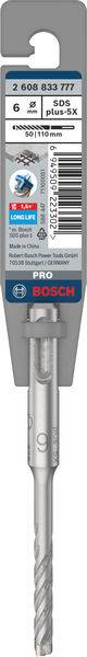 'Bosch' SDS-MAX Betonbohrer, Durchmesser 6 mm, Länge 265 mm. Verpackung zeigt Barcode und Bohrer-Produktabbildung.