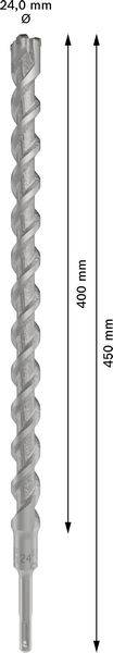 Bohraufsatz, 24 mm Durchmesser, 450 mm Länge, für Betonbohrung geeignet. Zeigt Längs- und Durchmesserdimensionen.