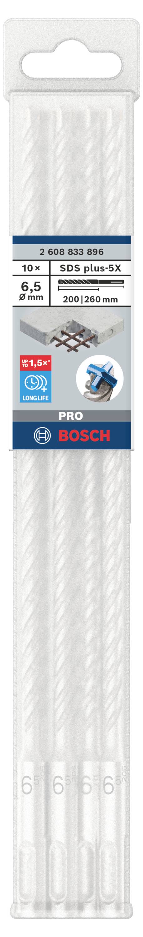 Packung mit fünf Bosch Betonbohrern in den Größen 10 mm, 5 mm und 6 mm, geeignet für Beton, Ziegel und Kalksandstein.