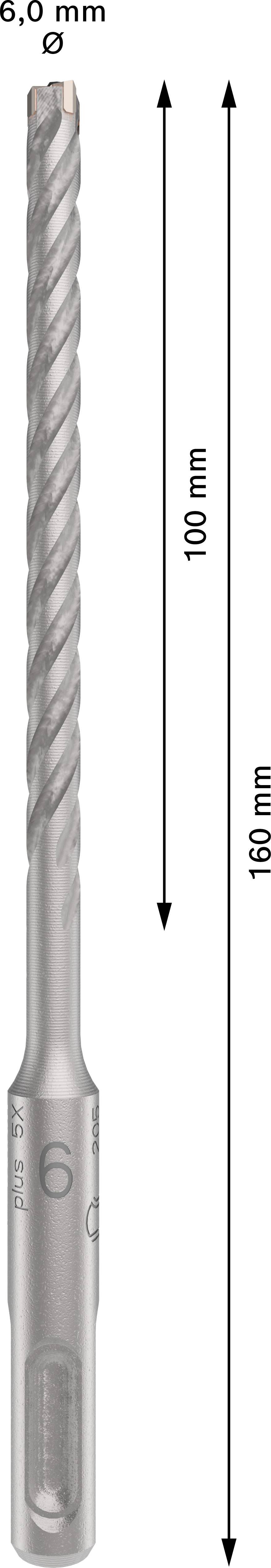 Bohrer aus Stahl, Durchmesser 6,0 mm, Gesamtlänge 160 mm, Arbeitslänge 100 mm, geeignet für Stein- und Betonbohrungen.