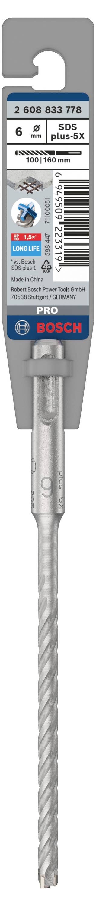 'Bosch SDS Plus-5X' Bohrer-Verpackungsgrafik zeigt zentral einen Bohrer, Modellnummer 2 608 692 329, geeignet für Beton.