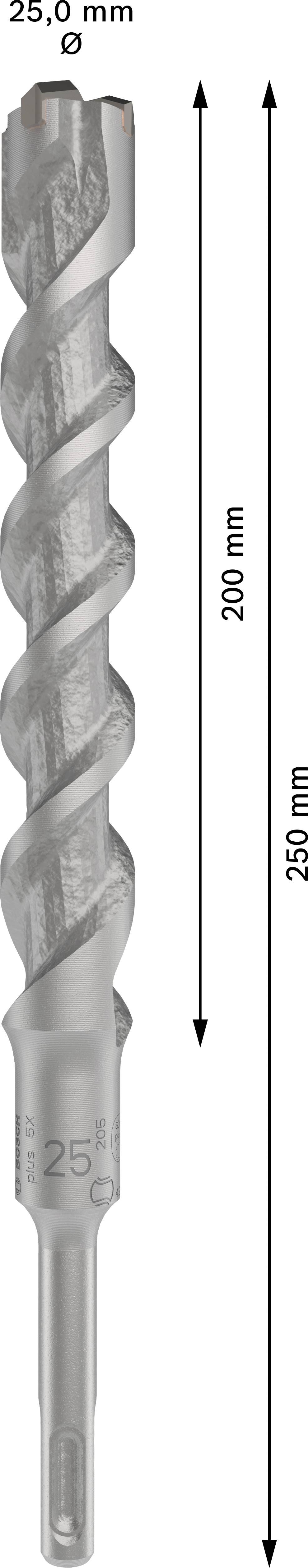 Grauer Spiralbohrer mit 25 mm Durchmesser, Gesamtlänge 250 mm, Nutzlänge 200 mm. Geeignet zum Bohren in Mauerwerk oder Beton.