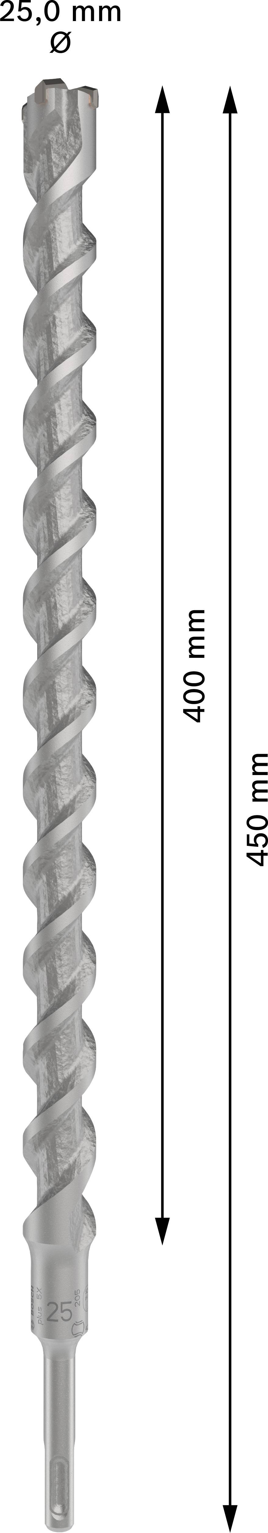 Bohrer mit einem Durchmesser von 25,0 mm und einer Länge von 450 mm, von denen 400 mm die Nutzhöhe ausmachen.