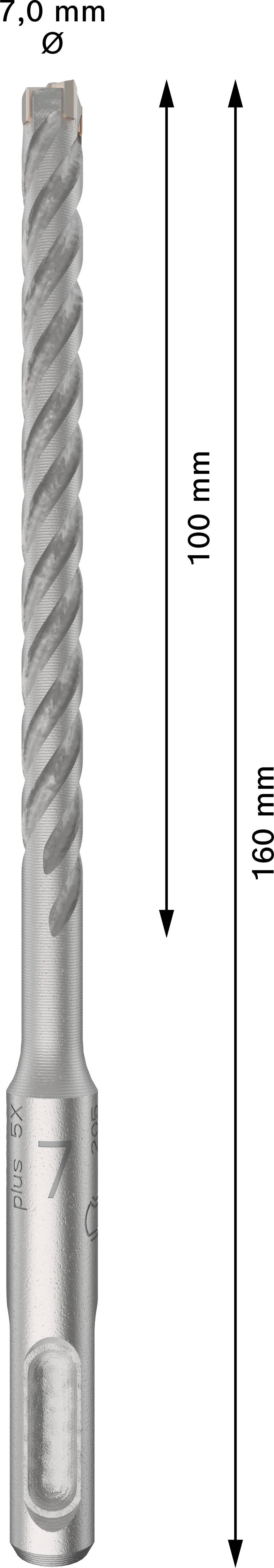 Bohrer mit Durchmesser 7,6 mm und Länge von 160 mm dargestellt. Bohrlänge beträgt 100 mm. Spiralnut zur effizienten Bohrstaubabfuhr.