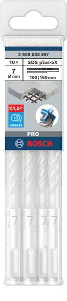 Bohrer-Set von Bosch, 10 SDS plus-5X Bits, Durchmesser 7 mm, Länge 100/160 mm, blaue Verpackung mit Logo und Langlebigkeitsmerkmalen.