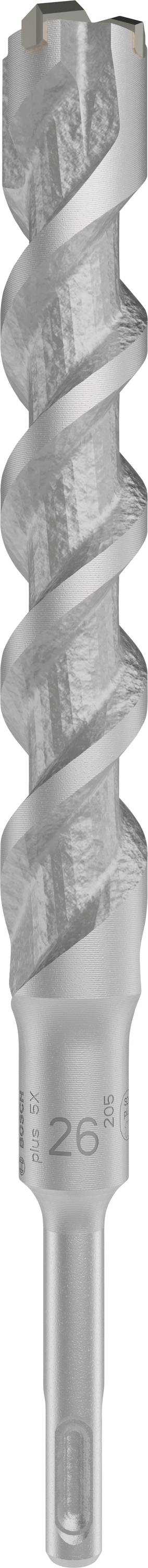 Ein silberner Bohrer mit spiralförmigem Schaft und SDS-plus-Aufnahme, geeignet für Beton- und Steinbohrungen.