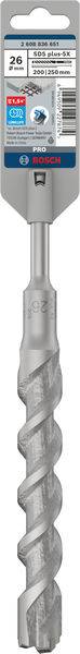 Ein grauer, spiralförmiger Bohrer der Marke Bosch mit einer Breite von 26 mm, geeignet für das Bohren in Beton, dargestellt auf einer Produktverpackung.