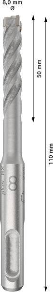 Ein grauer Bohrer mit 8 mm Durchmesser und 110 mm Gesamtlänge, dargestellte Maße 50 mm bis Spitze.