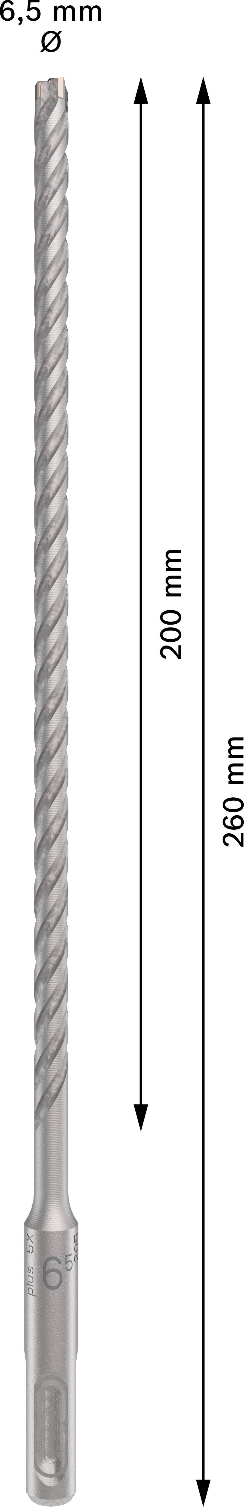 'Bohrer Achtung 6,5 mm' auf abgebildetem, 260 mm langem Bohrer mit schraubenförmiger Rille.