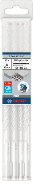 'Bosch Pro' SDS plus-5X-Bohrer-Set mit 10 Bohrern, Größe 150 x 210 mm, in einer transparenten Verpackung mit blauen und roten Akzenten.