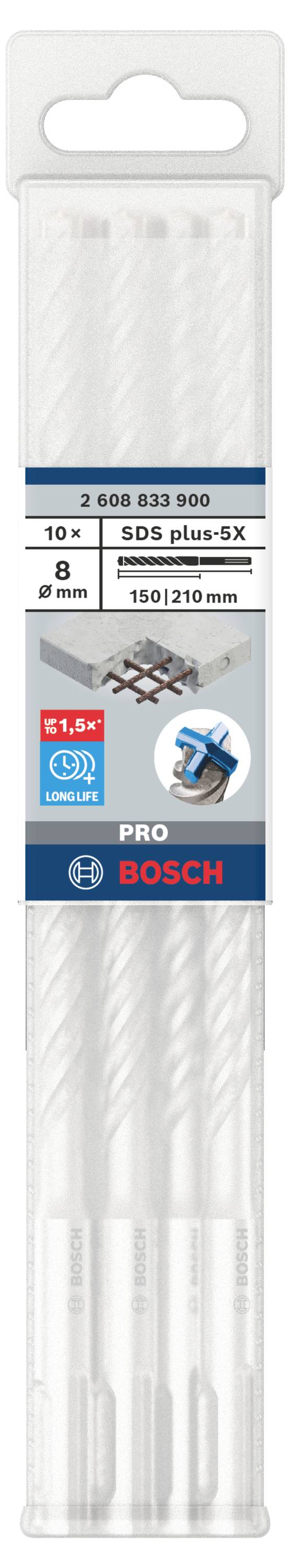 Eine Verpackung mit vier SDS-Plus-Bohrern der Marke Bosch. Geeignet für Betonbohrungen, Durchmesser 8 mm, Länge 150/210 mm.