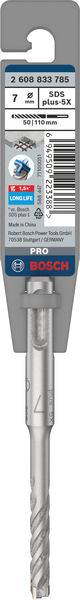 Bohrer von Bosch, Modell SDS-Plus-5X, 7mm Durchmesser, 110mm Länge. Verpackung zeigt Produktinformationen und Barcode.