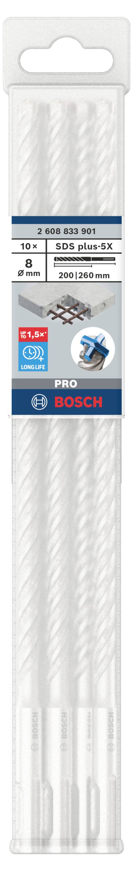 Packung mit fünf weißen Bohrern der Marke Bosch, geeignet für Beton, Stein und Mauerwerk. Verpackung zeigt Werkzeuge und Bohrer in Aktion.