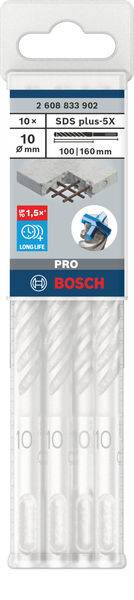 Verpackung mit 10 Bosch SDS plus-5X Bohrern, 10 mm Durchmesser, 160 mm Länge, geeignet für Beton, mit geringeren Vibrationen.
