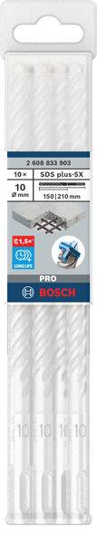 Verpackung von Bosch SDS plus-5X Bohrern, 10-teilig. Enthält 10 mm x 210 mm lange Bohrer mit Betonabbildung und Power Drill Icon.