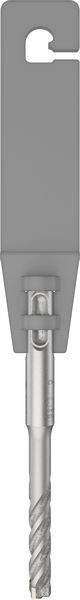 Grauer Bohrer mit einem spiralförmigen Bohrkopf und rechteckigem Griff.