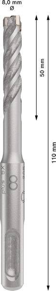 Bild eines grauen Bohrers mit einem Durchmesser von 8,0 mm und einer Gesamtlänge von 110 mm. Die Nutlänge beträgt 50 mm.