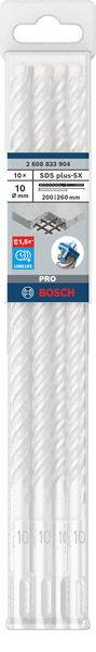 Packung mit vier weißen Bohrern der Größe 10 x 200 mm von Bosch, geeignet für Beton. Verpackung zeigt Produktdetails.