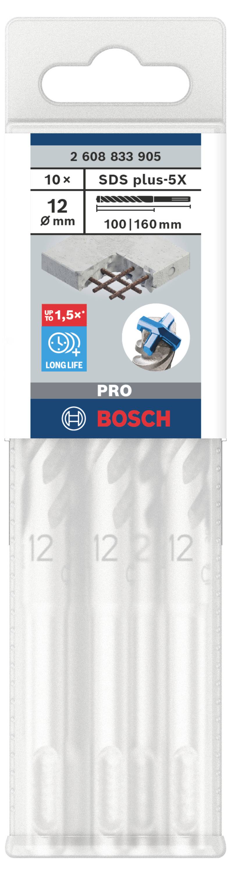 Verpackung von Bosch Bohrer-Set, SDS plus-5X, 10 Stück, 12 mm. Geeignet für Beton und Stein. Enthält drei Bohrer im Sichtfenster.