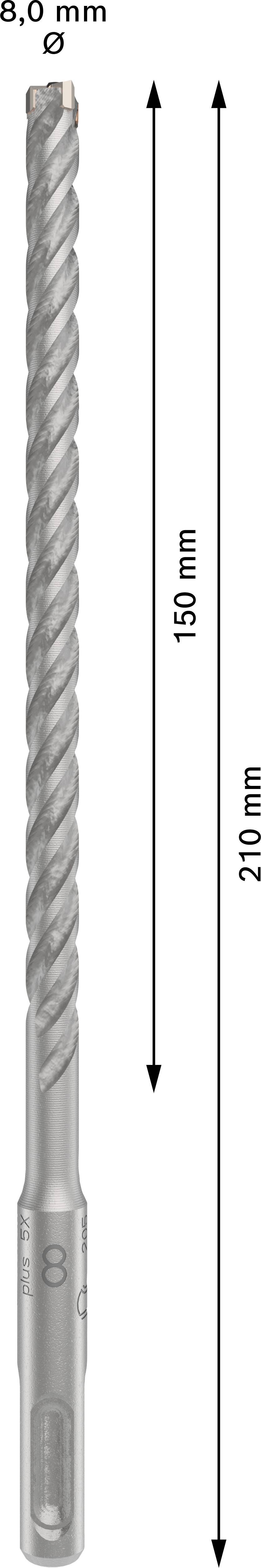 'Bohrer mit Durchmesser 8,0 mm, Länge 210 mm, Nutzlänge 150 mm.' Einfache Darstellung eines grauen Bohrerbits mit Beschriftungen.