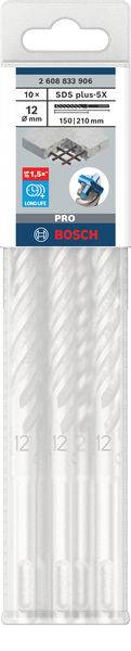 Verpackung mit zehn weißen Bohrern der Marke Bosch, Typ '5x 160/210 mm', geeignet für Beton und Mauerwerk.