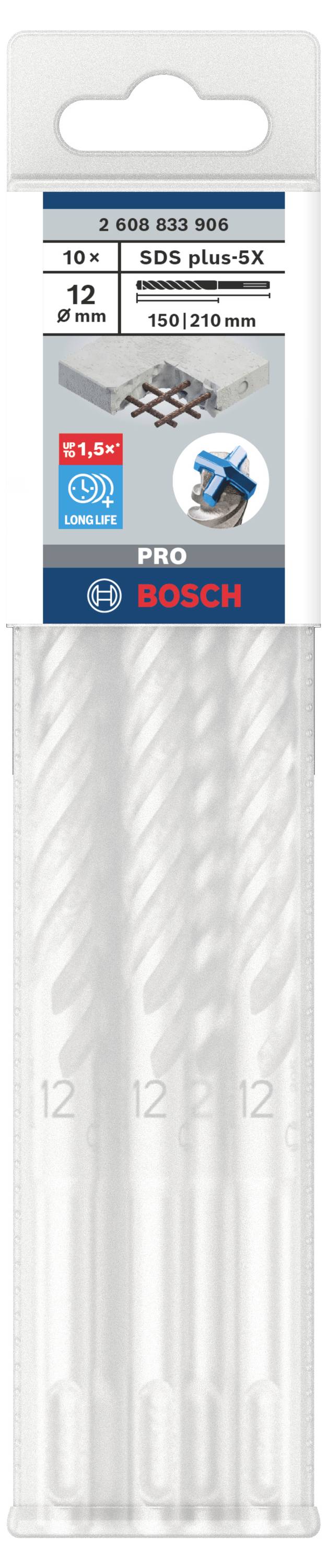 Packung mit zehn Bosch SDS Plus-5X Bohrern, Bohrdurchmesser 12 mm, Länge 150/210 mm, geeignet für Beton, Mauerwerk und Stein.