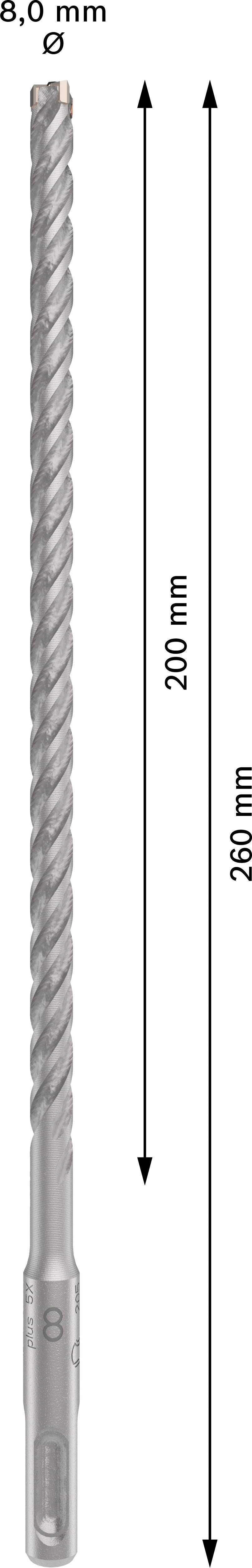 Bohrer mit 6 mm Durchmesser und 260 mm Länge, davon 200 mm Gewindelänge, mit Spiraldesign und Pfeilen zur Längenangabe.