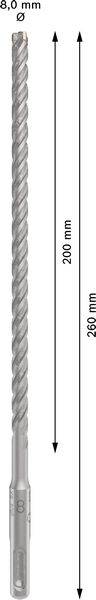 Ein Bohrer mit einer Länge von 260 mm, einer Arbeitslänge von 200 mm, und einem Durchmesser von 8 mm.
