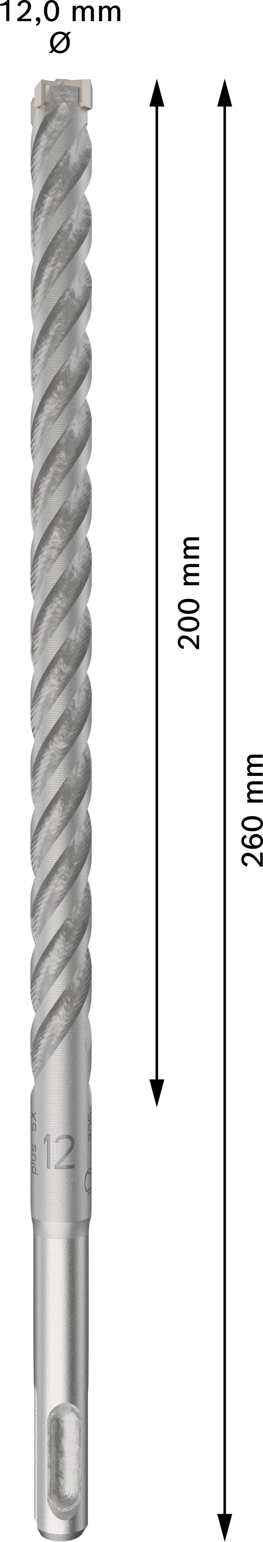 Ein grauer Bohrer mit 12 mm Durchmesser und einer Gesamtlänge von 260 mm, mit einem Nutzbereich von 200 mm und einer spiraligen Form.