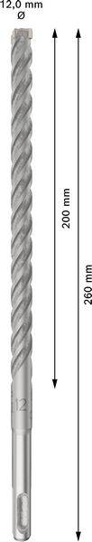 Bohrer mit 12,0 mm Durchmesser und 260 mm Länge. Spiralform für effizientes Bohren. Pfeile zeigen die Länge von 200 mm und 260 mm an.