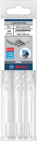 Bohrerpackung von Bosch, Modell SDS plus-5X. Enthält 10 Bohrer, Größe: Durchmesser 6 mm, Länge 100/160 mm, geeignet für Betonarbeiten.