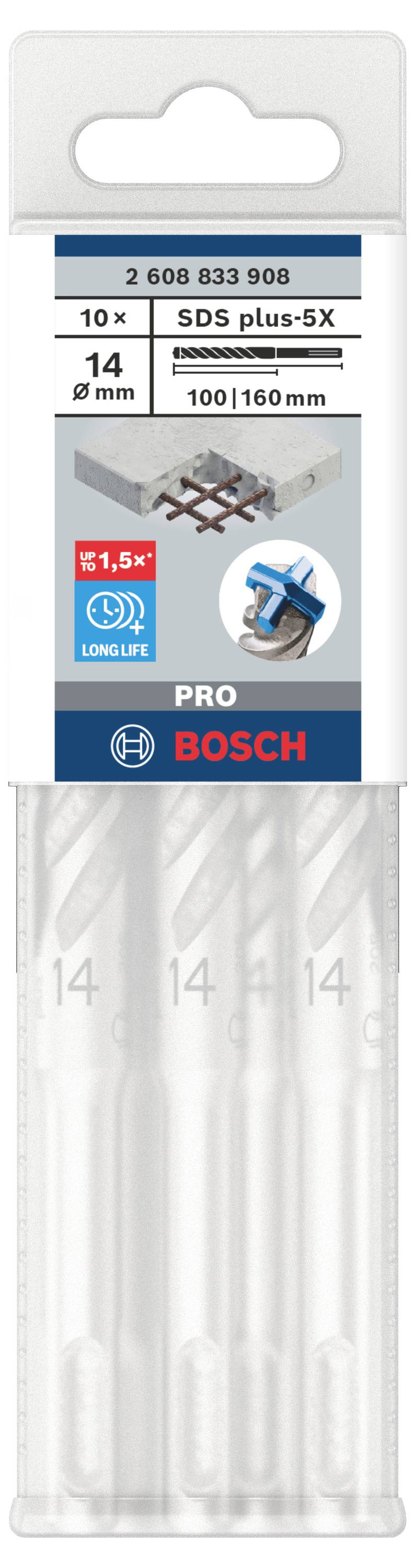 Bohrer-Set 'SDS plus-5X' von Bosch für Beton und Armierungen, Durchmesser 14 mm, Länge 100|160 mm, 10 Stück, erhöhte Haltbarkeit.