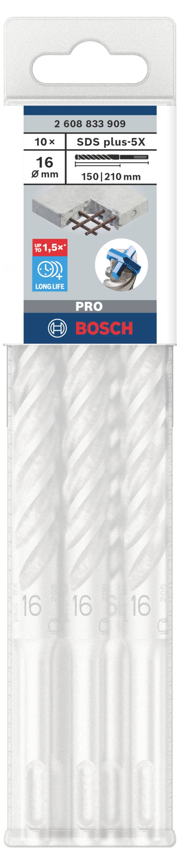 Bosch Bohrer-Set 'SDS Plus-5X' mit 16 mm Durchmesser, geeignet für Mauerwerk und Beton. Verpackung zeigt drei Bohrer.