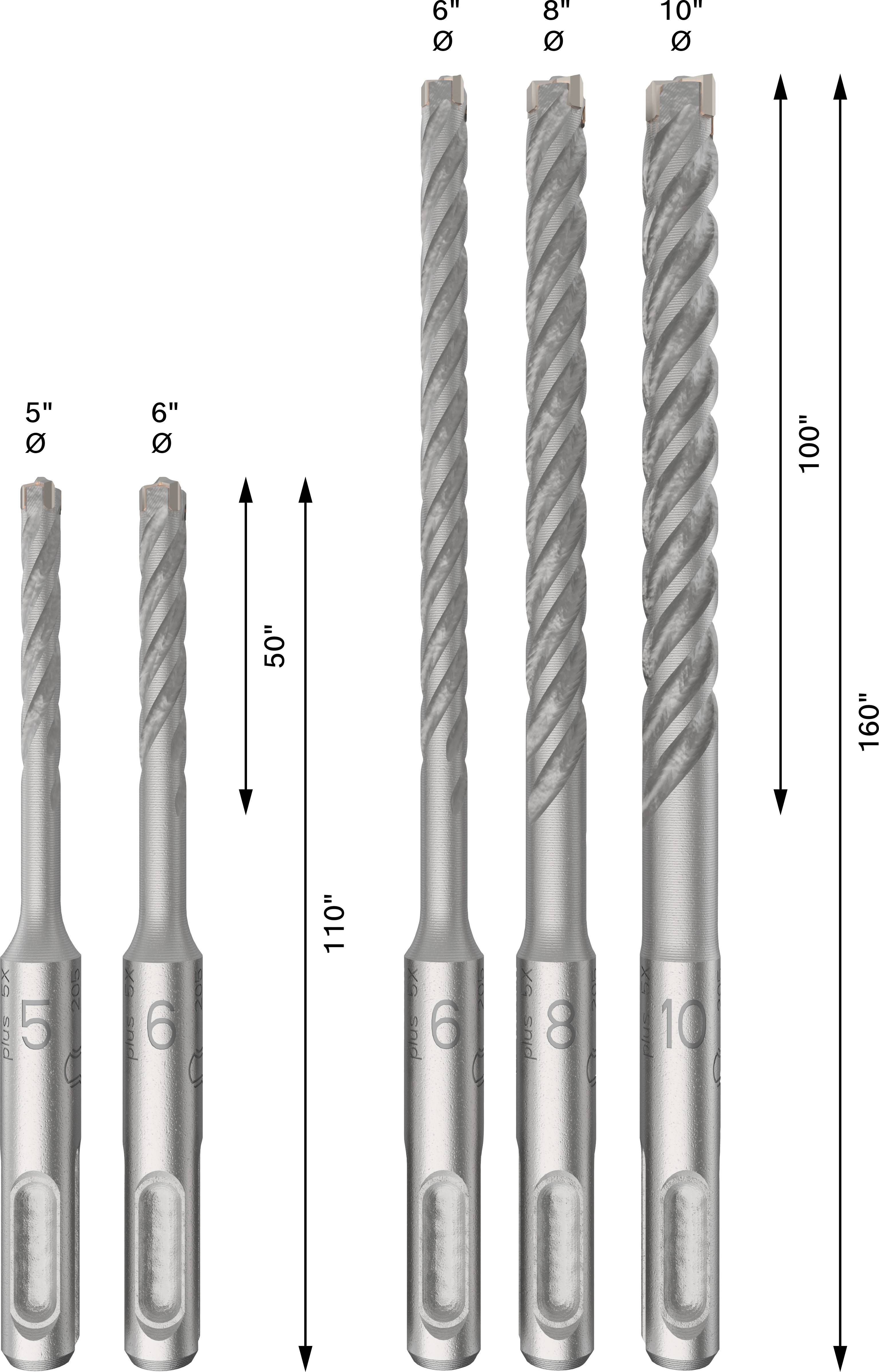 Fünf Metallbohrer verschiedener Längen. Links kürzer (5" bis 6"), rechts länger (6" bis 10"). Längenangaben 50" bis 160".