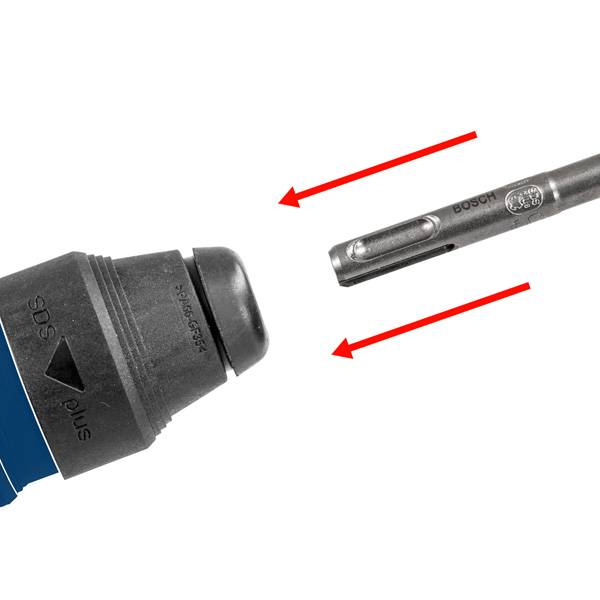 Eine Bohrmaschine mit SDS-System zur schnellen Befestigung von Bohrern. Zwei rote Pfeile zeigen auf den SDS-Mechanismus.