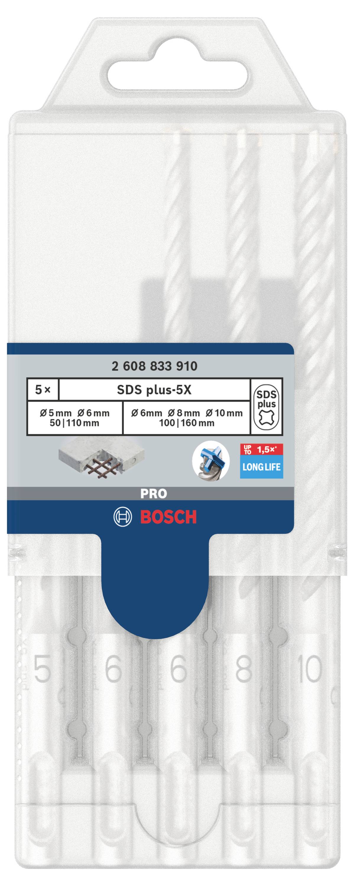 Eine Verpackung mit fünf SDS plus-5X Bohrern von Bosch, geeignet für Beton, mit den Größen: 5 mm, 6 mm, 8 mm, 10 mm.