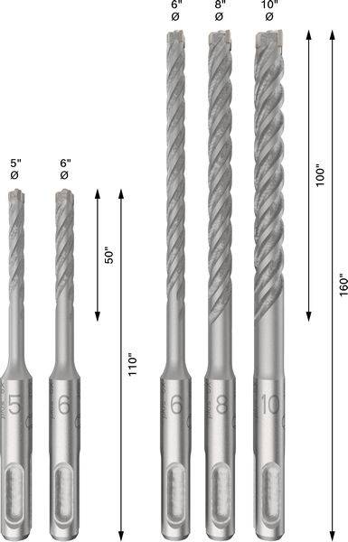 Fünf Bohrer mit unterschiedlichem Durchmesser und Länge, von 5 bis 10 mm im Durchmesser und 50 bis 160 mm in der Länge, nebeneinander.
