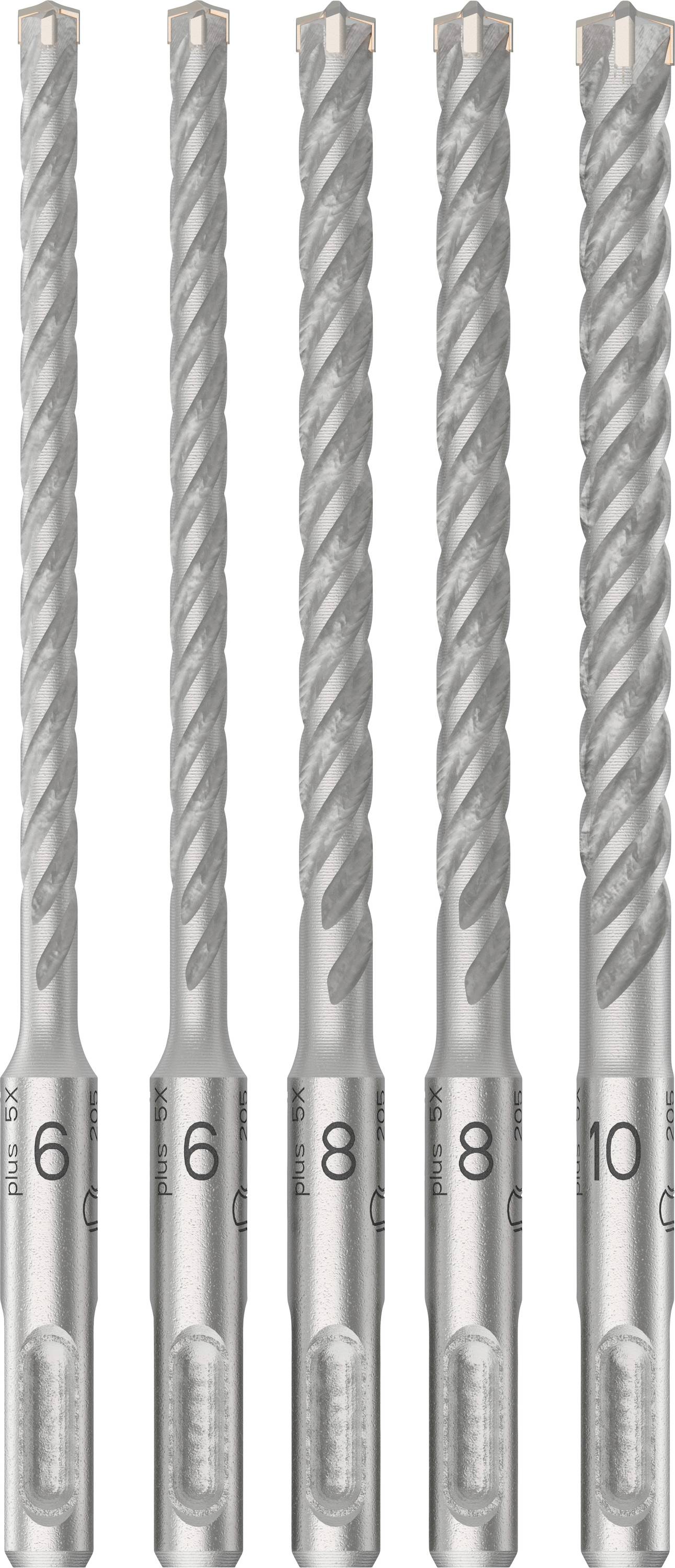 Fünf silberne Bohrer verschiedener Größe nebeneinander angeordnet. Die Größen sind 6 mm, 6 mm, 8 mm, 8 mm und 10 mm.