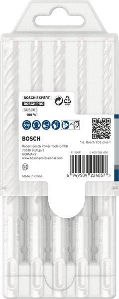 Verpackung mit fünf Bosch Bohrern, geeignet für Beton. Enthält Kontaktinformationen und Strichcode, hergestellt in China.