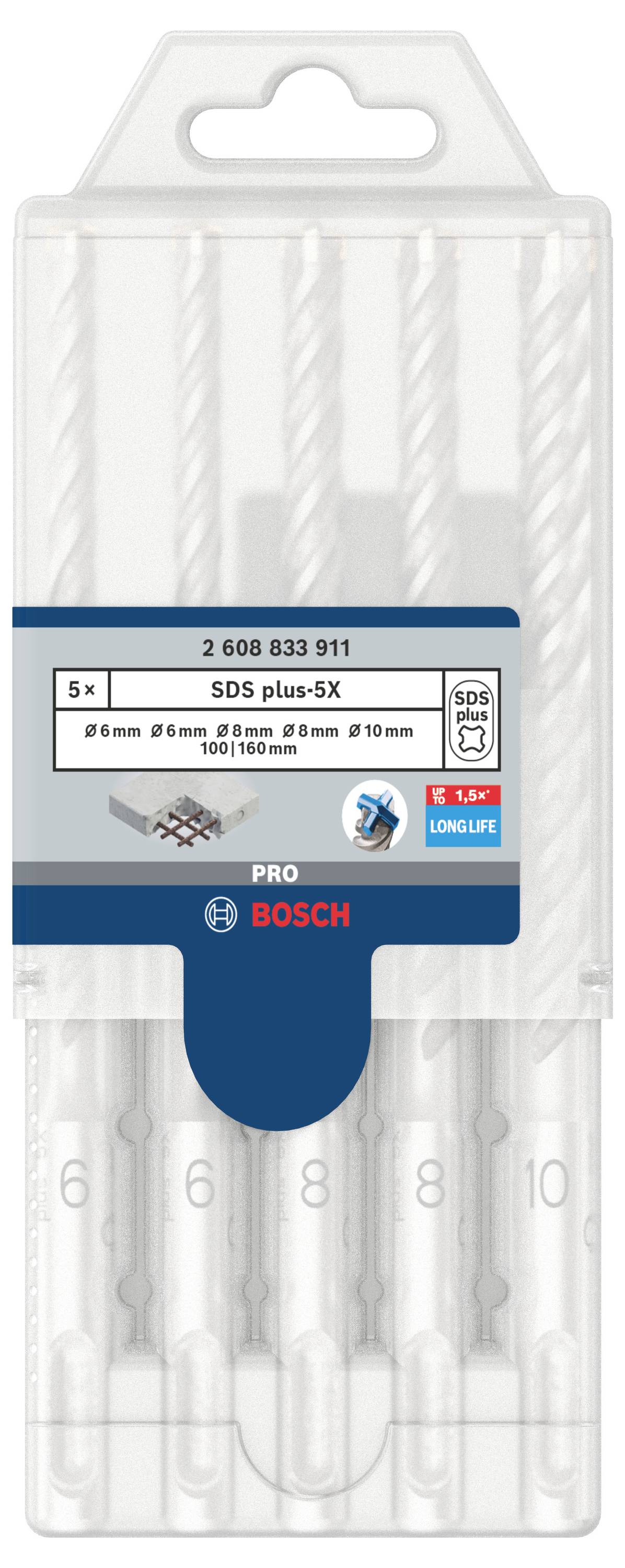 Verpackung von Bohrern der Marke Bosch, Modell SDS plus-5X, in fünf Größen: 6 mm, 6 mm, 8 mm, 8 mm, 10 mm. Für Beton geeignet.